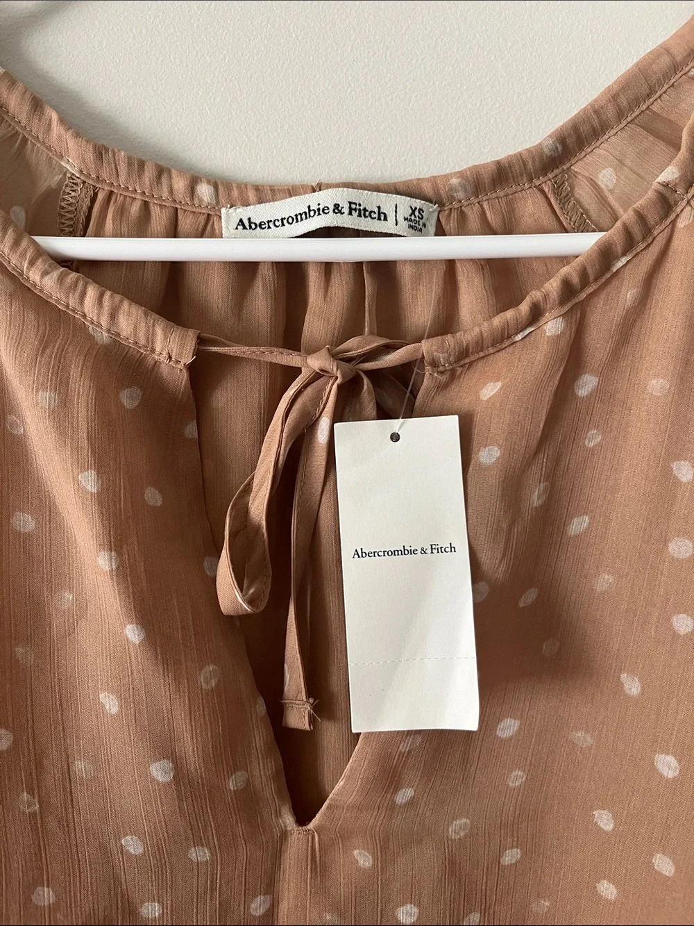 Abercrombie Sheer Polka Dot Blouse Tan Brown Neutral Peasant Balloon Sleeve XS